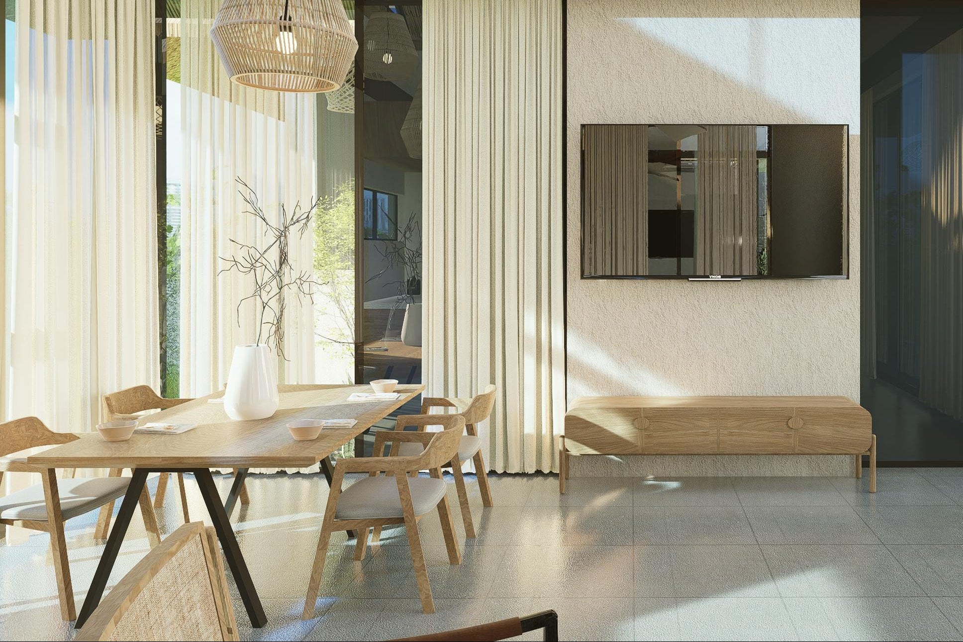 Modern living room with a dining area, large windows, and a television.